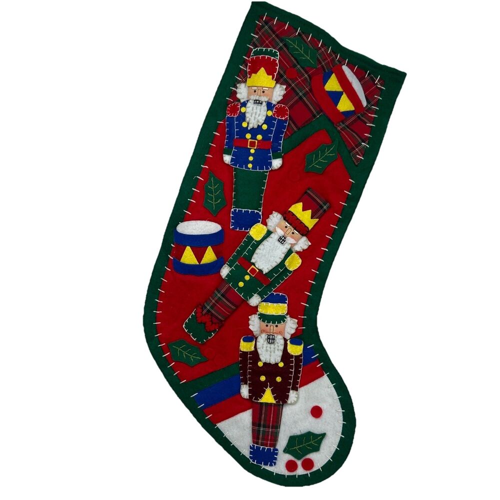 Nutcracker Toy Soldier Felt Christmas Stocking 22 X9” Holly Drummer Boy Stitch